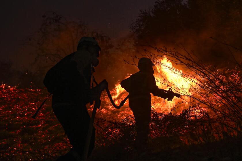 Firemen try to control a forest fire near to Mendigorria, around 40 kilometers (27m miles) from Pamplona northern, Spain, Thursday, Aug. 24, 2023. Firefighters and emergency helicopters try to control the fire without injured, authorities said. (AP Photo/Alvaro Barrientos)