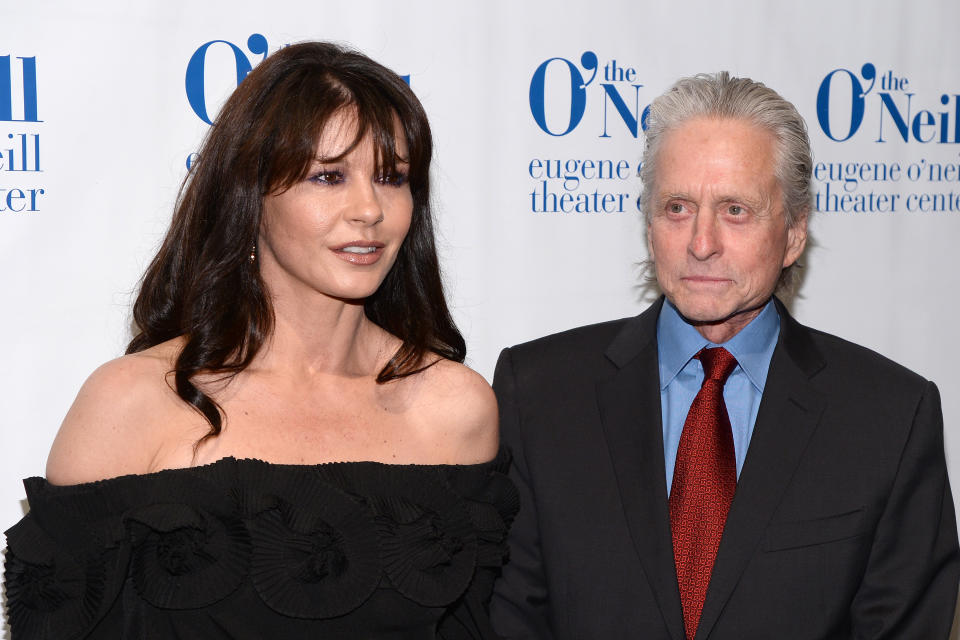 (L-R) Catherine Zeta-Jones and Michael Douglas attend the 14th Annual Monte Cristo Awards honoring Meryl Streep in New York, NY, on April 21, 2014. (Photo by Anthony Behar/Sipa USA)