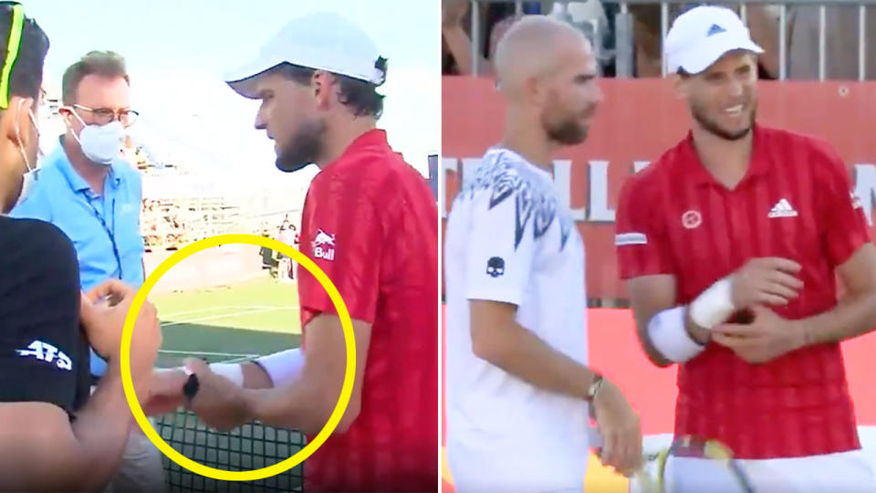 Pictured here, Dominic Thiem clutches at his troublesome wrist in the match at Mallorca.