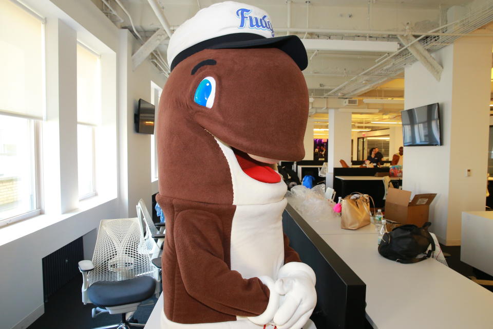 <p>Company mascot Fudgie the Whale poses for a photo before before performing duties as an intern for the day at Yahoo Studios in New York City on Sept. 25, 2017. (Photo: Gordon Donovan/Yahoo News) </p>