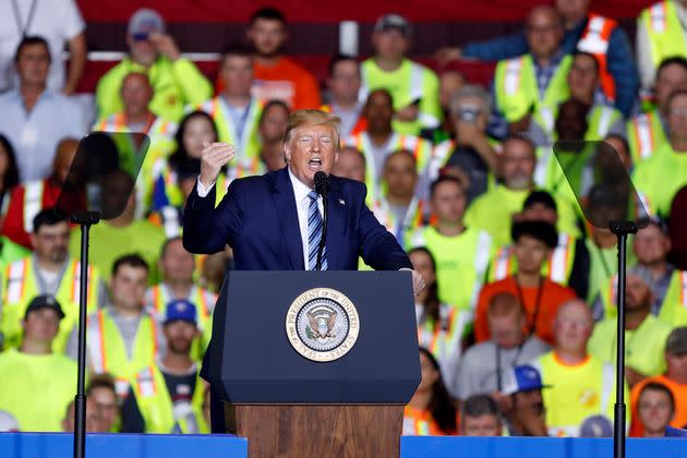 Then-President Donald Trump speaks to union workers at a Shell plant in Beaver County, Pennsylvania, on Aug. 13, 2019. Biden's campaign says Trump's planned rally with UAW members next week will be a 