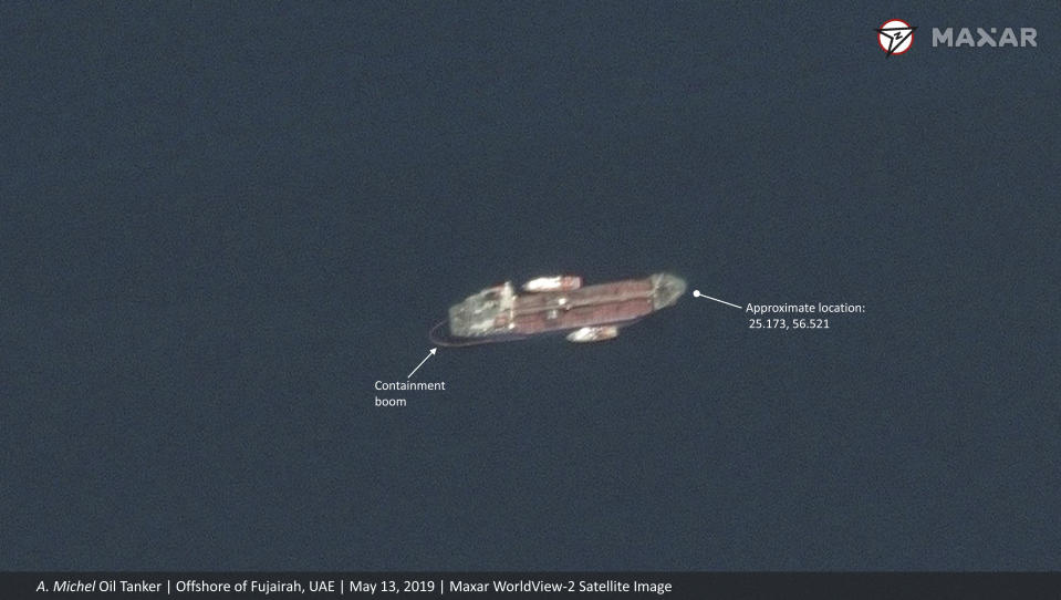 This satellite image provided by Maxar Technologies shows the Emirati-flagged oil tanker A. Michel off the coast of Fujairah, United Arab Emirates, Monday, May 13, 2019. As many as four oil tankers anchored in the Mideast were damaged in what Gulf officials described Monday as a "sabotage" attack off the coast of the United Arab Emirates. (Satellite image ©2019 Maxar Technologies via AP)