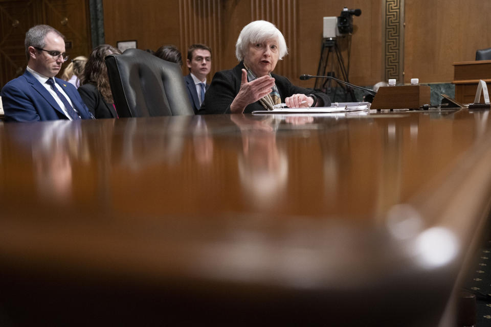 Treasury Secretary Janet Yellen testifies before the Senate Finance Committee about President Joe Biden's proposed budget request for the fiscal year 2024, Thursday, March 16, 2023, on Capitol Hill in Washington. (AP Photo/Jacquelyn Martin)
