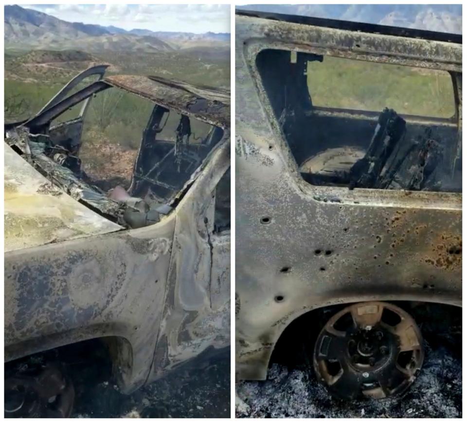 This combination of frames from Nov. 4, 2019, video by Kenny Miller and posted on the Twitter account of Alex LeBaron shows two views of a burned-out vehicle that was being used by some members of the LeBaron family as they were driving in a convoy near the Sonora-Chihuahua border in Mexico.