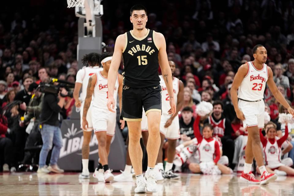 Purdue center Zach Edey (15) walks up court after being called for a foul during the first half against Ohio State at Value City Arena.