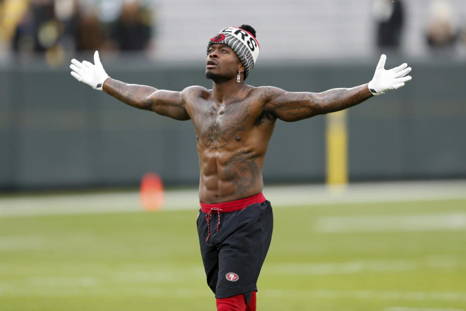 San Francisco 49ers receiver Marquise Goodwin and other participants in last month's "40 Yards of Gold" event are still waiting for their prize money. (AP)