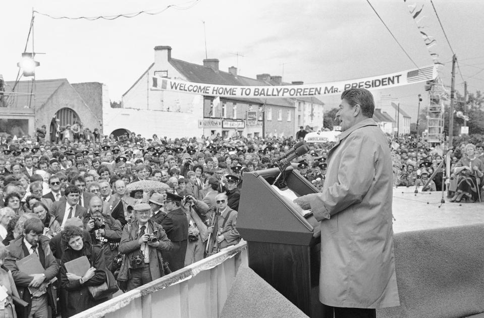 President Ronald Reagan speaks on June 3, 1984, to a crowd on the main square of Ballyporeen, the tiny Irish village where his great grandfather was born.