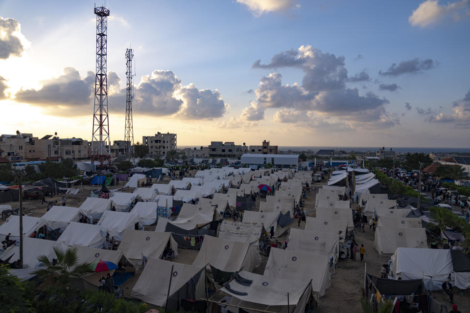 FILE - A UNDP-provided tent camp for Palestinians displaced by the Israeli bombardment of the Gaza Strip is seen in Khan Younis on Oct. 19, 2023. As the military sets its sights on southern Gaza in its campaign to stamp out Hamas, key challenges loom. International patience for a protracted invasion has begun to wear thin. And with some 2 million displaced Gaza residents staying in crowded shelters in the south in dire conditions, a broad military offensive there could unleash a new humanitarian disaster during the cold, wet winter. (AP Photo/Fatima Shbair, File)