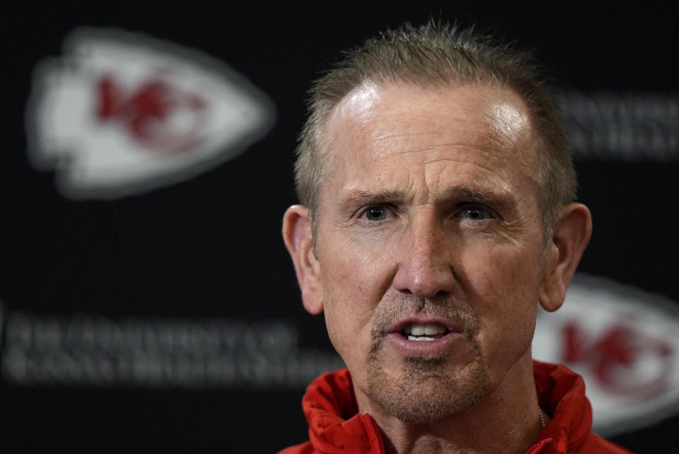Kansas City Chiefs defensive coordinator Steve Spagnuolo talks to the media before the team's NFL football practice Friday, Feb. 2, 2024 in Kansas City, Mo. The Chiefs will play the San Francisco 49ers in Super Bowl 58. (AP Photo/Charlie Riedel)