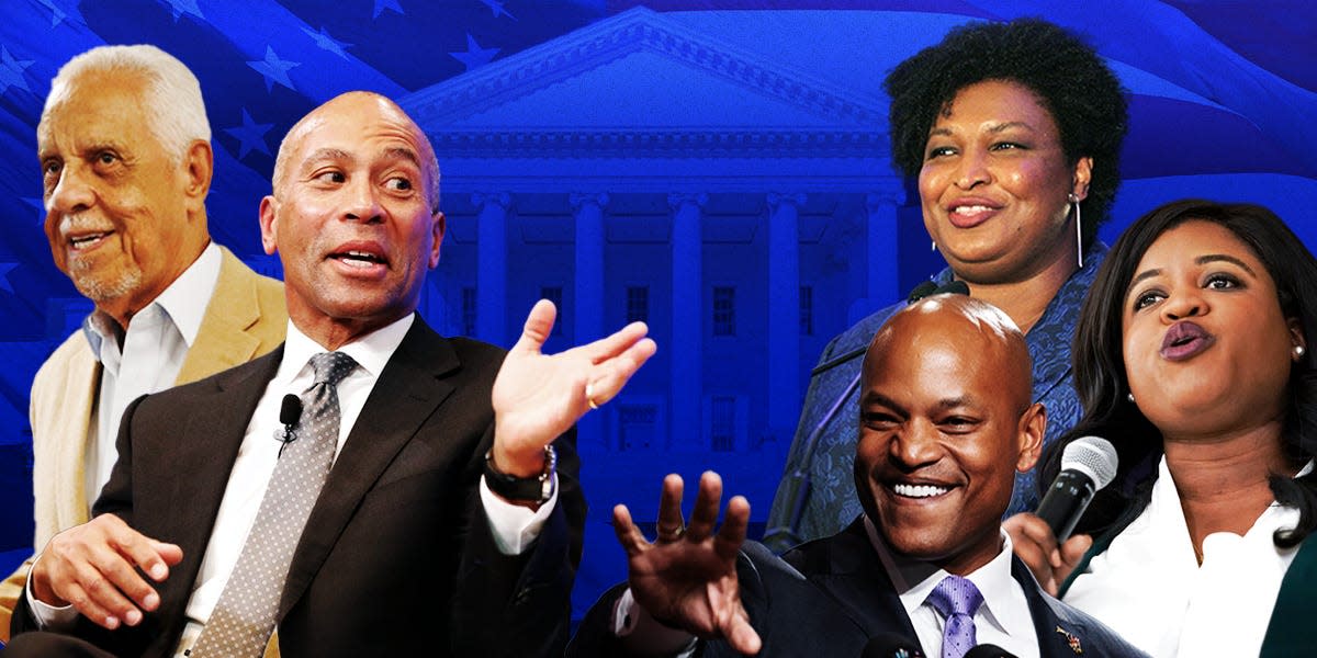 Five black politicians in the foreground and a blue background with the Virginia statehouse and flag