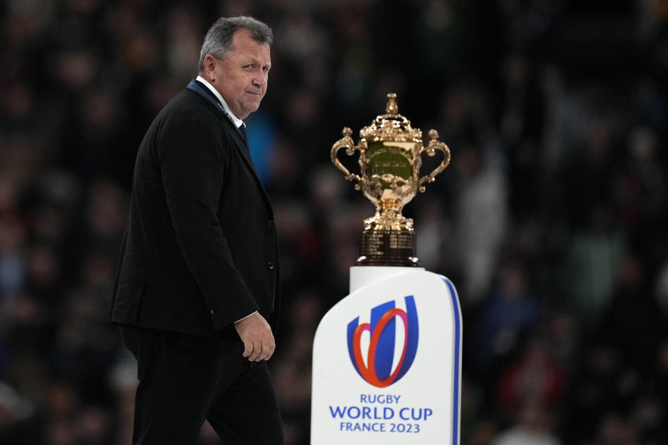 New Zealand's head coach Ian Foster walks past the trophy during presentation ceremony after the Rugby World Cup final match between New Zealand and South Africa at the Stade de France in Saint-Denis, near Paris Saturday, Oct. 28, 2023. South Africa won the match 12-11. (AP Photo/Thibault Camus)