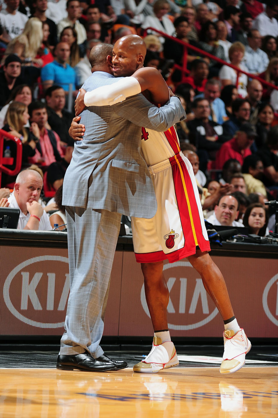 MIAMI, FL - OCTOBER 30: Ray Allen #34 of the Miami Heat hugs Head Coach Doc Rivers of the Boston Celtics prior to the NBA game on October 30, 2012 at American Airlines Arena in Miami, Florida. NOTE TO USER: User expressly acknowledges and agrees that, by downloading and/or using this Photograph, user is consenting to the terms and conditions of the Getty Images License Agreement. Mandatory Copyright Notice: Copyright 2012 NBAE (Photo by Garrett W. Ellwood/NBAE via Getty Images)