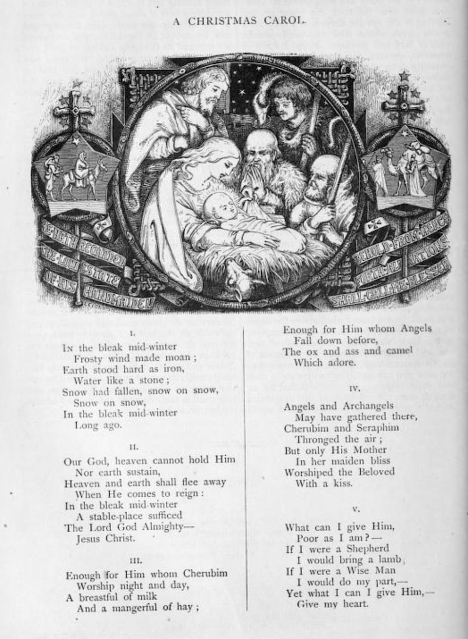 ‘A Christmas Carol’ by Christina Rossetti, as first published in Scribner’s Monthly in January 1872. <a href="https://commons.wikimedia.org/wiki/File:In_the_bleak_midwinter_1872.png" rel="nofollow noopener" target="_blank" data-ylk="slk:Wikimedia Commons;elm:context_link;itc:0;sec:content-canvas" class="link ">Wikimedia Commons</a>