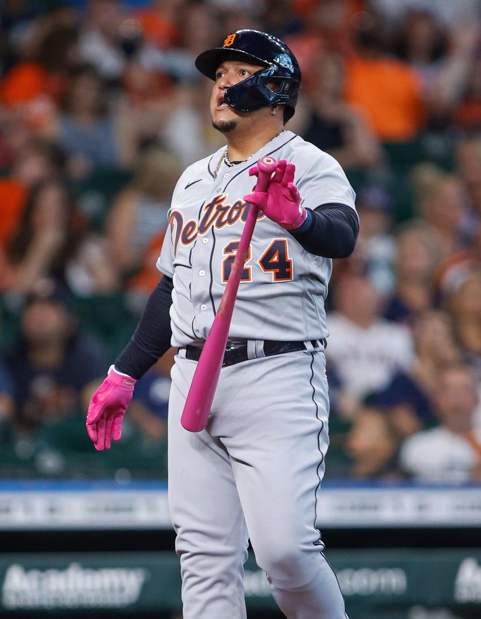 Detroit Tigers designated hitter Miguel Cabrera (24) reacts after a pitch during the second inning against the Houston Astros at Minute Maid Park.