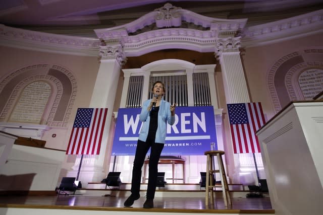 Democratic presidential candidate Elizabeth Warren speaks at a town hall campaign event in Portsmouth, New Hampshire