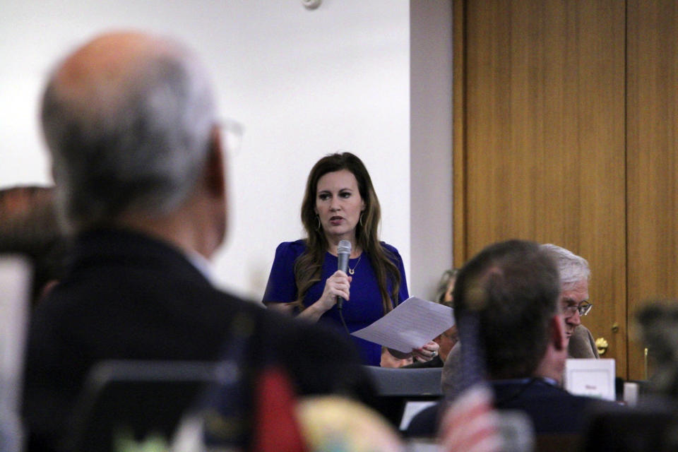 North Carolina state Rep. Tricia Cotham, who recently switched her party affiliation from Democrat to Republican, speaks Wednesday, May 3, 2023, on the House floor in Raleigh, N.C. (AP Photo/Hannah Schoenbaum)