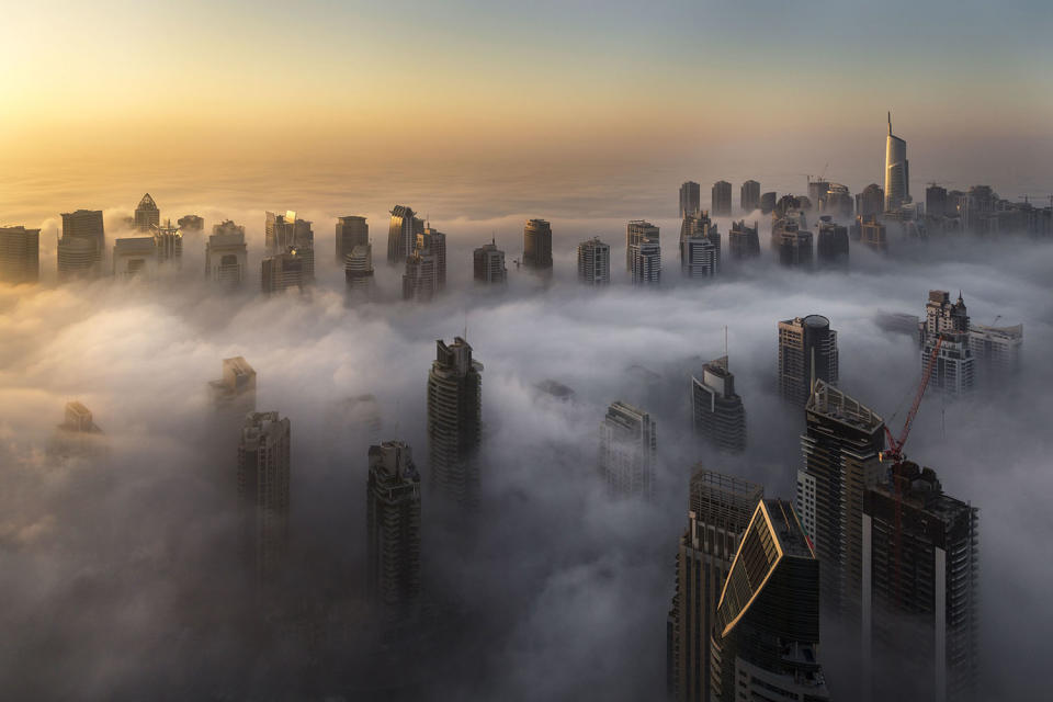 Thick fog covers Dubai skyline