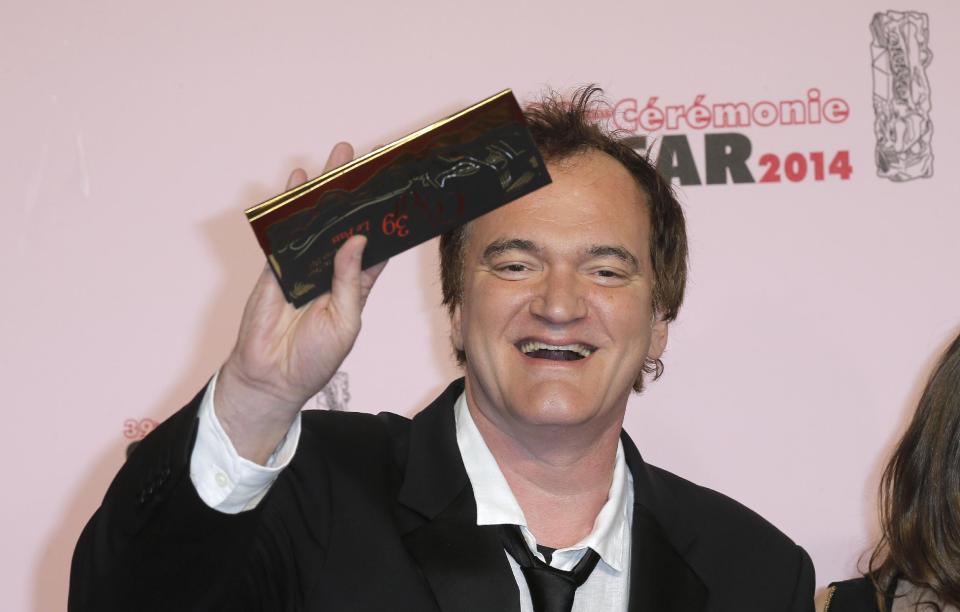 U.S film director Quentin Tarantino arrives at the 39th French Cesar Awards Ceremony, in Paris, Friday, Feb. 28, 2014. This annual ceremony is presented by the French Academy of Cinema Arts and Techniques. (AP Photo/Lionel Cironneau)