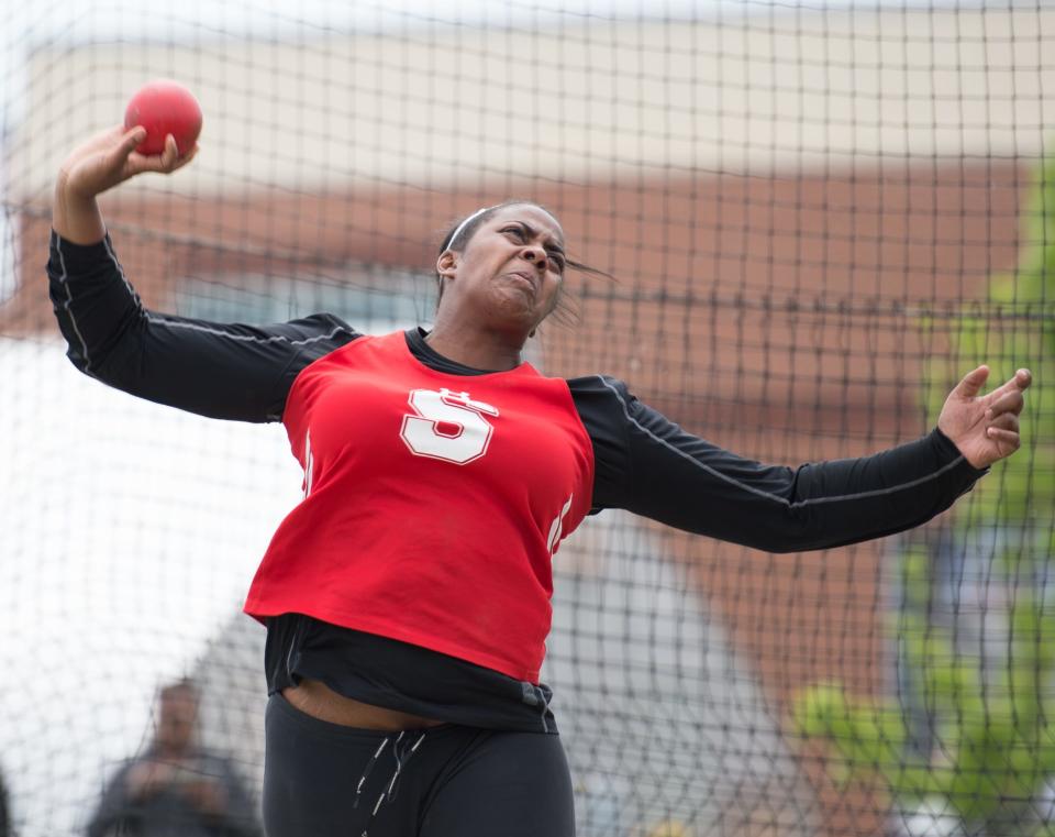 Smyrna's Myrissa McFolling-Young competes in the Division I shot put at the DIAA State Track & Field Championships in May 2017.