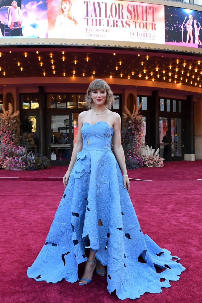 US singer Taylor Swift arrives for the "Taylor Swift: The Eras Tour" concert movie world premiere at the AMC The Grove in Los Angeles, California on October 11, 2023. (Photo by VALERIE MACON / AFP) (Photo by VALERIE MACON/AFP via Getty Images)