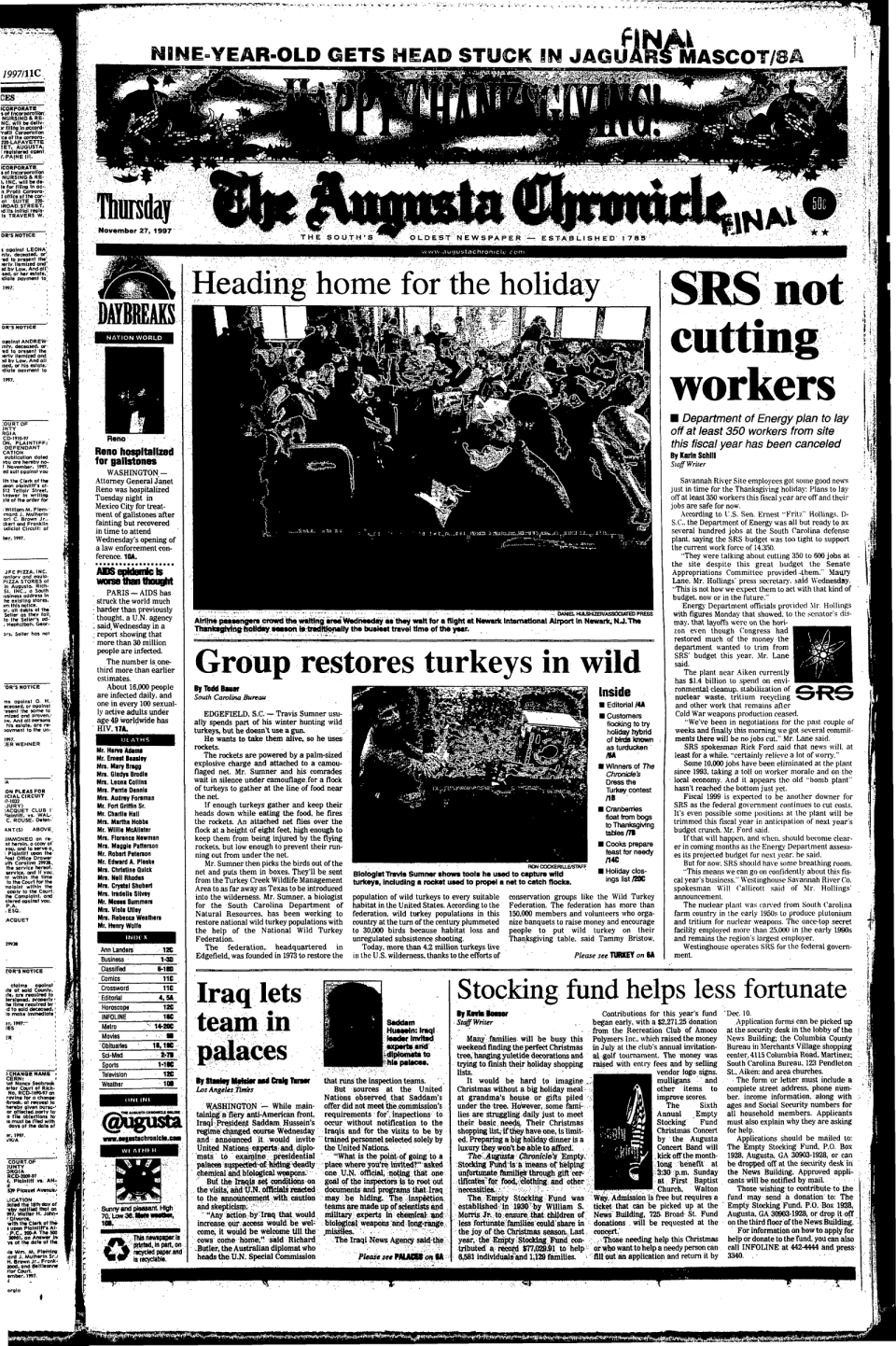 The front page of the Augusta Chronicle on Thanksgiving on November 27, 1997.