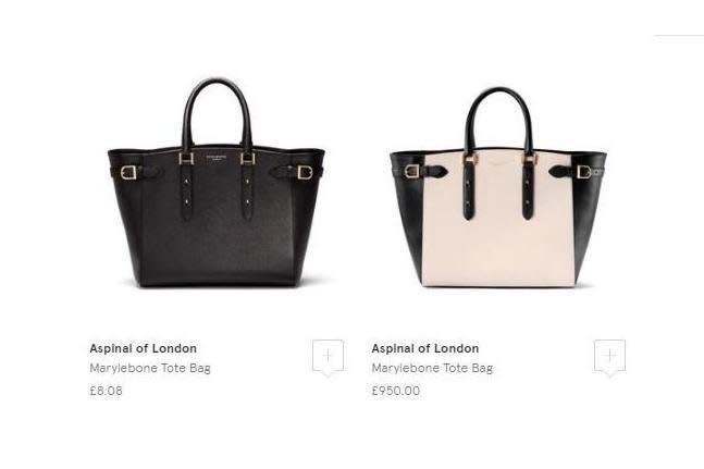The correctly-priced £950 bag with its cheaper version beside it. (Harrods)