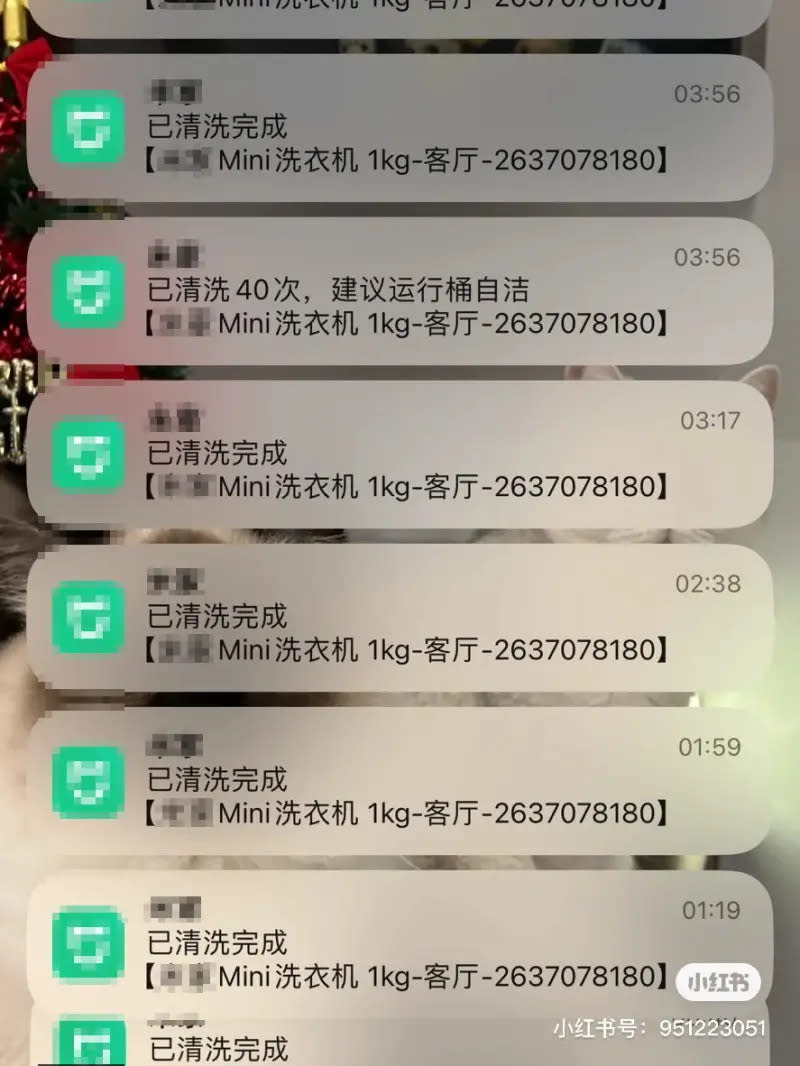 ▲主人隔天睡醒查看手機，竟見一整排洗衣機「已清洗完成」的通知，愛貓從凌晨1點一路到早上8點狂洗了40次衣服。（圖／翻攝自小紅書）