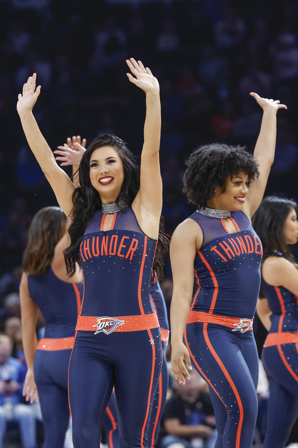 Nov 8, 2023; Oklahoma City, Oklahoma, USA; Oklahoma City Thunder Girls perform during a time out against the Cleveland Cavaliers during the second half at Paycom Center. Oklahoma City won 128-120. Mandatory Credit: Alonzo Adams-USA TODAY Sports