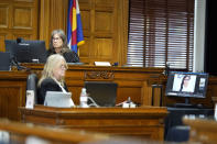 Katrina Pierson testifies remotely as Judge Sarah B. Wallace presides during a hearing for a lawsuit to keep former President Donald Trump off the state ballot, Wednesday, Nov. 1, 2023, in Denver. (AP Photo/Jack Dempsey, Pool)