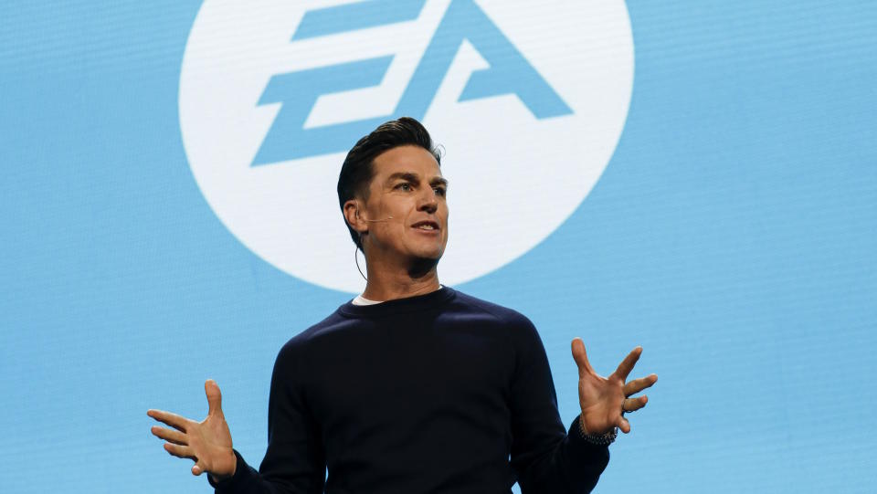  Andrew Wilson, chief executive officer of Electronic Arts Inc. (EA), speaks during the company's EA Play event ahead of the E3 Electronic Entertainment Expo in Los Angeles, California, U.S., on Saturday, June 9, 2018. EA announced that it is introducing a higher-end version of its subscription game-playing service that will include new titles such as Battlefield V and the Madden NFL 19 football game. Photographer: Patrick T. Fallon/Bloomberg via Getty Images. 