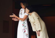 U.S. first lady Melania Trump and Akie Abe, wife of Japanese Prime Minister Shinzo Abe view the koi carp pond at Akasaka State Guest House in Tokyo, Japan May 27, 2019. REUTERS/Athit Perawongmetha