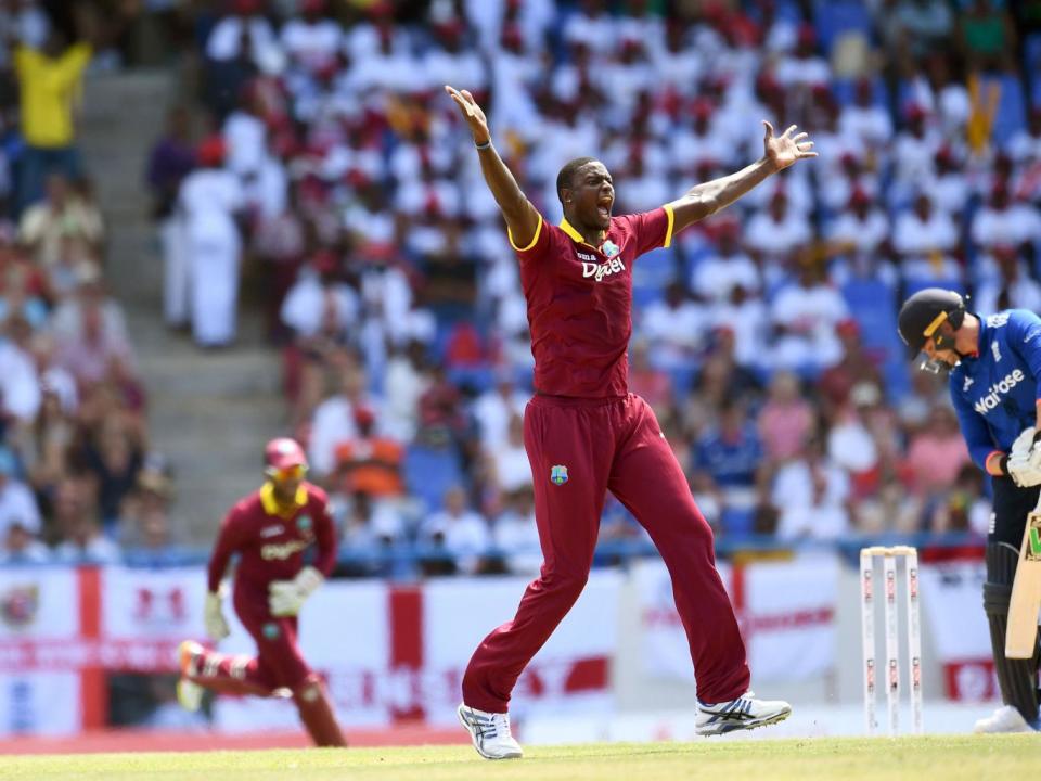 West Indies cricket team captaIn Jason Holder unsuccessfully appeals for a dismissal against Roy (Getty)