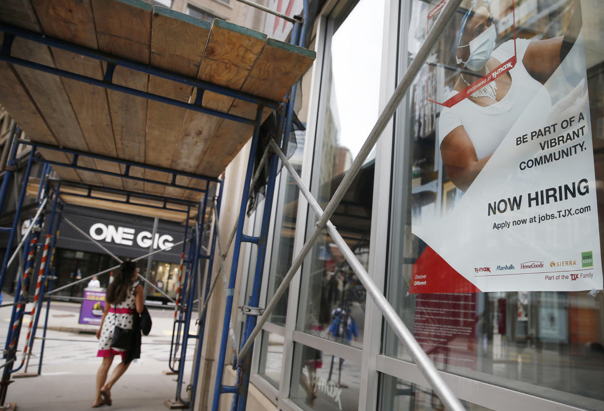 Boston, MA - June 14: A help wanted sign is posted outside of Dunkin Donuts in Downtown Crossing in Boston on June 14, 2021. (Photo by Jessica Rinaldi/The Boston Globe via Getty Images)