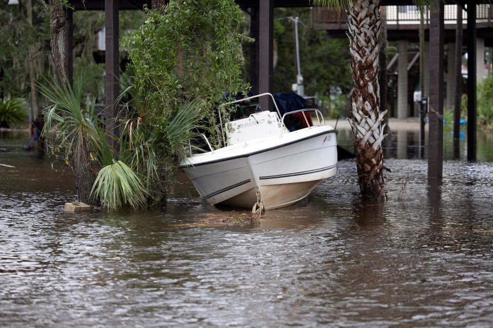 A boat washed up while Hurricane Debby made landfall on the Gulf Coast in Suwannee, Florida, on August 5, 2024.