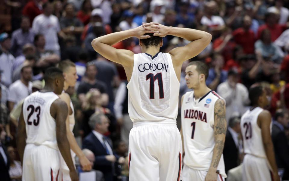 Arizona's Aaron Gordon reacts after overtime in a regional final NCAA college basketball tournament game against Wisconsin, Saturday, March 29, 2014, in Anaheim, Calif. Wisconsin won 64-63 in overtime. (AP Photo/Jae C. Hong)