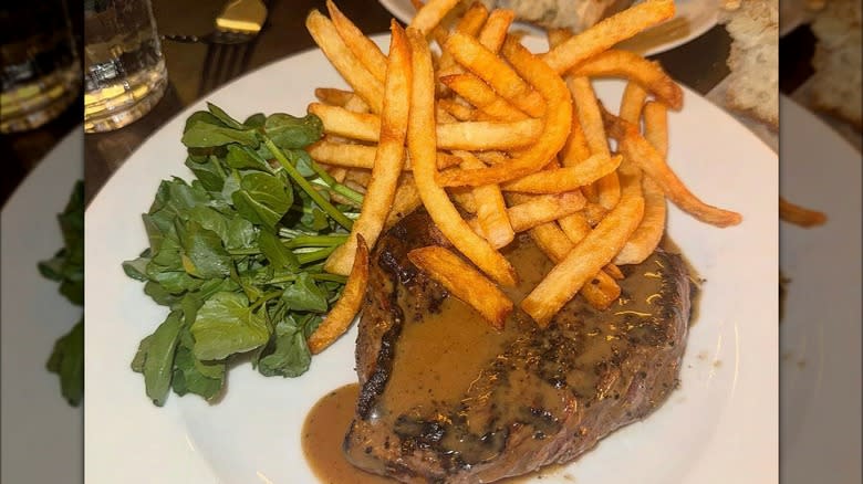 steak au poivre with french fries