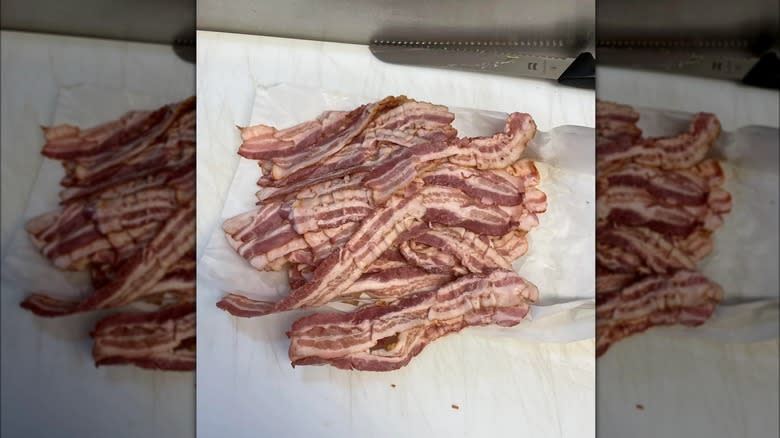 Pile of pre-cooked bacon on the counter at Jimmy John's 