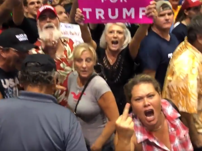 Trump supporters at a rally jeer and hurl abuse at journalists (Twitter/Jim Acosta)