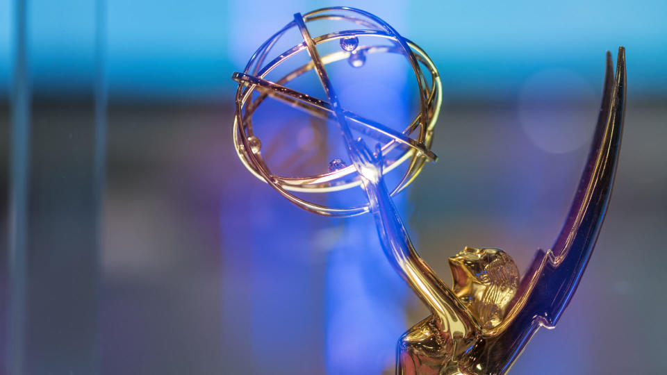 Emmy award on display at NAB Show 2015 exhibition in Las Vegas Convention Center.
