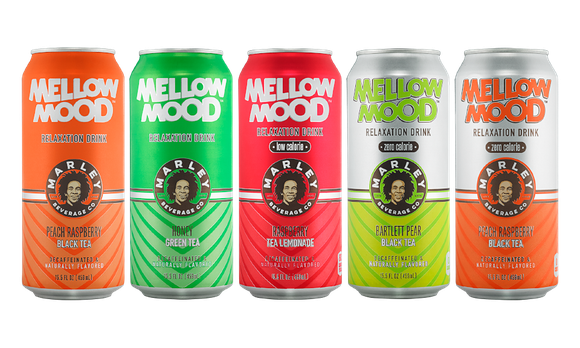 Five cans of the Bob Marley-licensed Mellow Mood beverages.