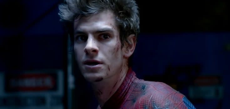 Peter, bloodied and unmasked, in "The Amazing Spider-Man"