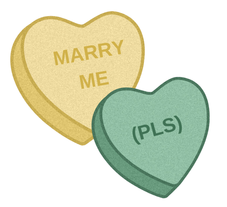 Two heart-shaped candies with "MARRY ME" and "(PLS)" written on them