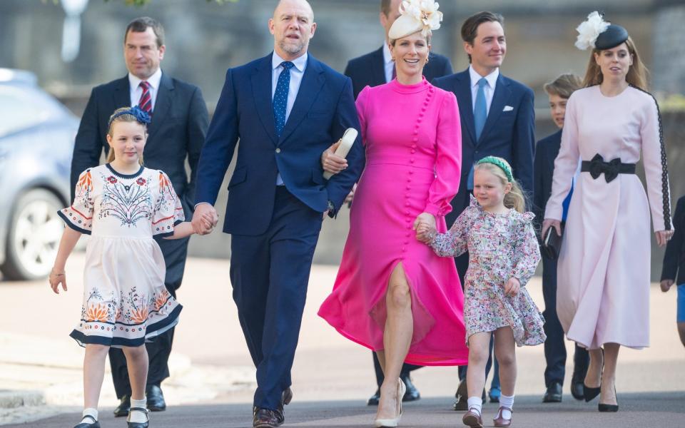 Members of the Royal family arrive at St George's chapel on Easter Sunday, including Mike and Zara Tindall with their daughter Mia and Lena and Princess Beatrice - Getty