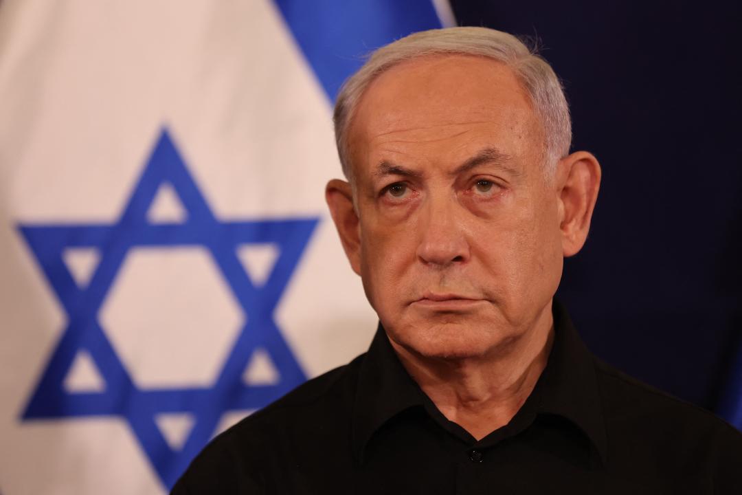 Israeli Prime Minister Benjamin Netanyahu speaks during a press conference in the Kirya military base in Tel Aviv on October 28, 2023 amid ongoing battles between Israel and the Palestinian group Hamas. Netanyahu said on October 28 that fighting inside the Gaza Strip would be 