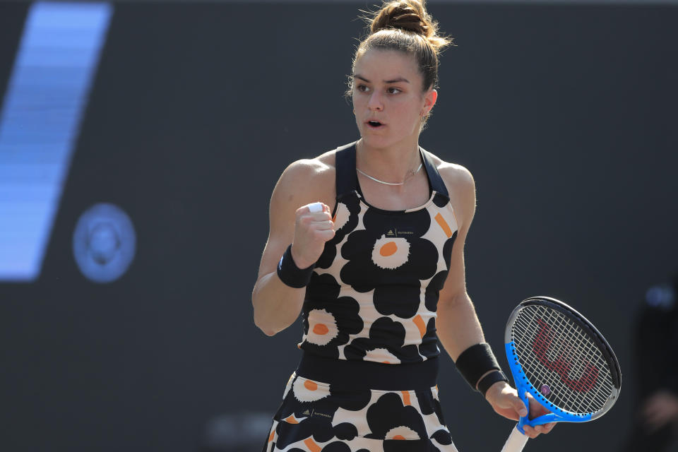 Maria Sakkari of Greece reacts after winning a point against Iga Swiatek, of Poland, during the Mexican Tennis WTA Finals in Guadalajara, Mexico, Thursday, Nov. 11, 2021. (AP Photo/Refugio Ruiz)