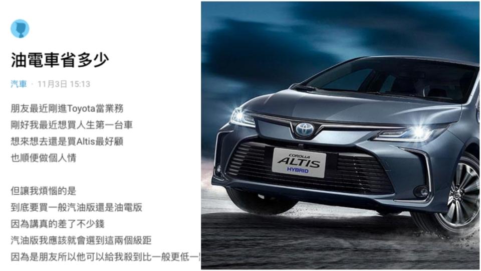 這名網友已經決定要購買Altis，只是在油電跟汽油之間抉擇，想知道油電車的油錢究竟可以省多少。(圖片來源/ 翻攝自Dcard、Toyota)