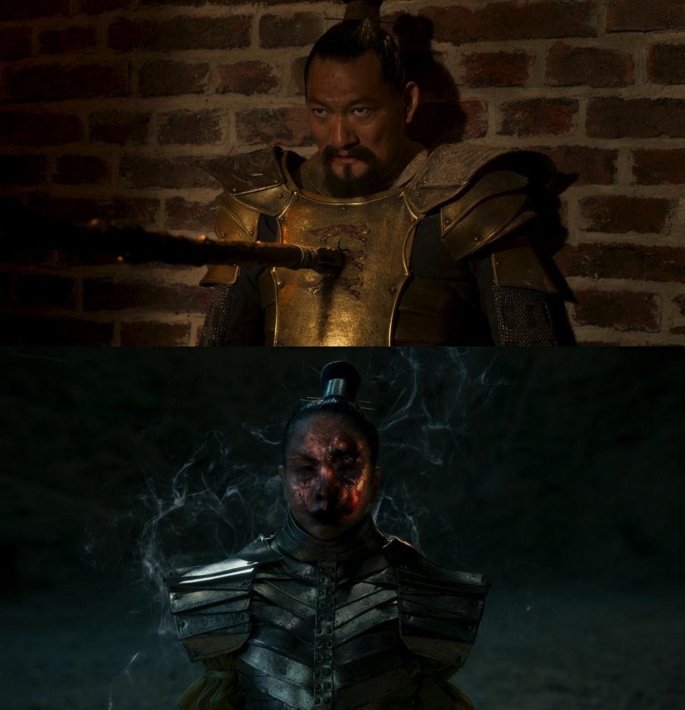 Two shots together – above, Lord Agelmar (Thomas Chaanhing) looks up after he has been pierced through the breastplate by a trolloc spear. Below, a medium shot of Lady Amalisa focusing on her burned-out, ruined face