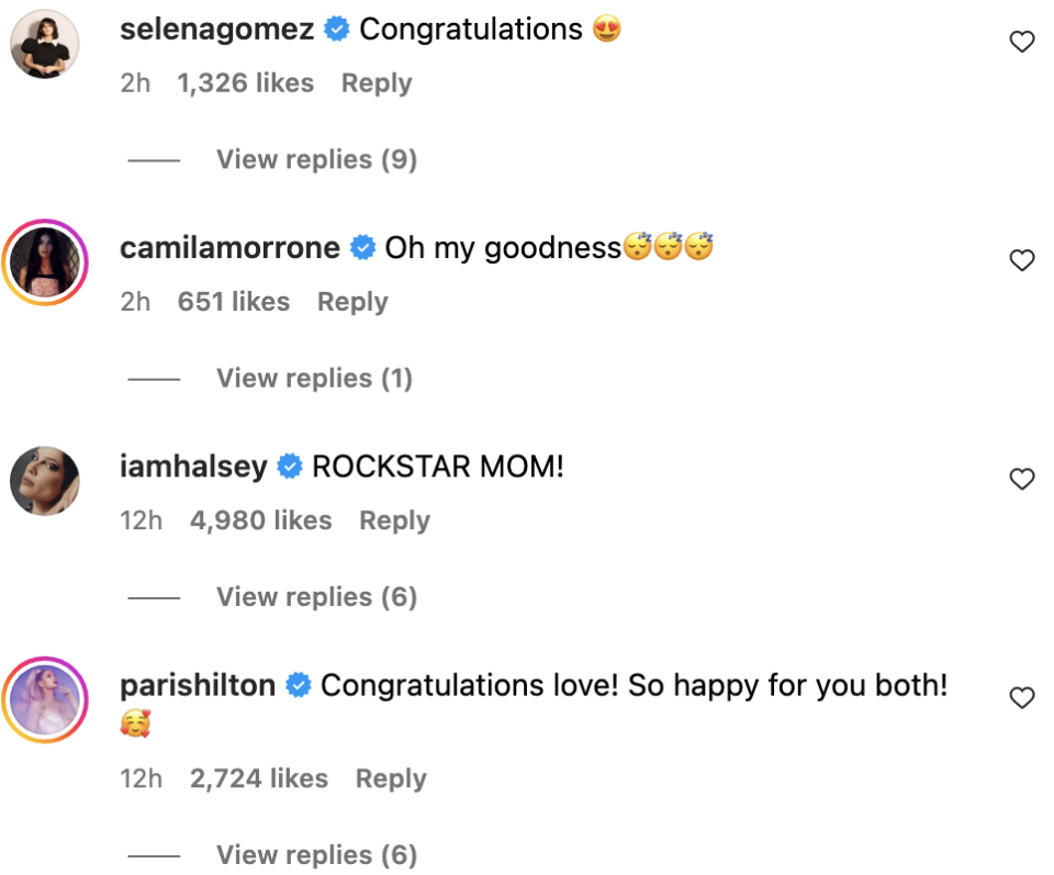 Celebratory comments from Selena Gomez, Camila Morrone, Halsey, and Paris Hilton on a social media post