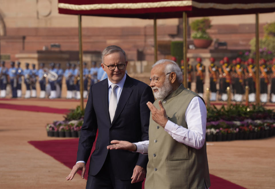 Indian Prime Minister Narendra Modi talks with his Australian counterpart Anthony Albanese during laters's ceremonial reception at the Indian presidential palace, in New Delhi, India, Friday, March 10, 2023. Australia is striving to strengthen security cooperation with India and also deepen economic and cultural ties, Prime Minister Anthony Albanese said on Friday. (AP Photo/Manish Swarup)