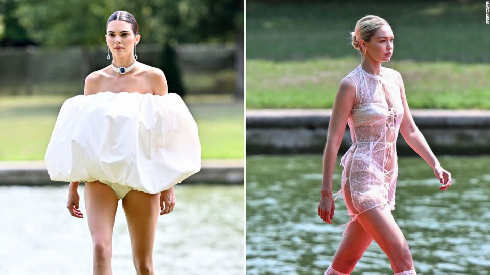 Left, Kendall Jenner walks the runway wearing a choker inspired by Princess Diana's jewellery collection. Right, Gigi Hadid appears in a lace number. - Stephane Cardinale/Corbis/Getty Images